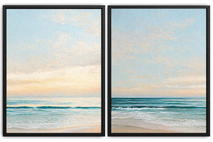 Coastal ocean diptych canvas art with soft waves for modern living room decor.