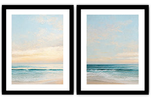 Coastal ocean diptych canvas art with soft waves for modern living room decor.
