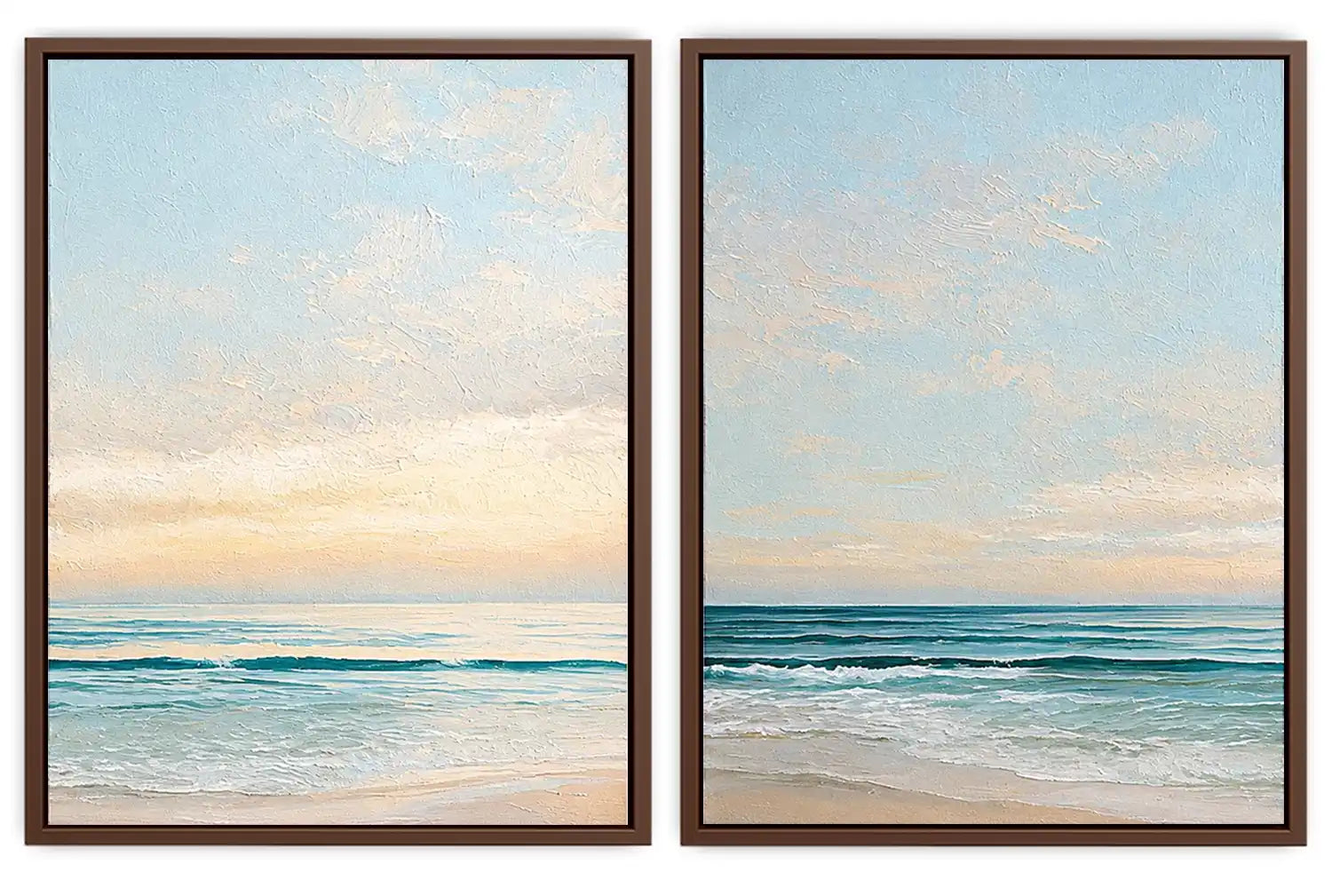 Coastal ocean diptych canvas art with soft waves for modern living room decor.