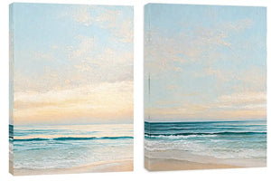 Coastal ocean diptych canvas art with soft waves for modern living room decor.