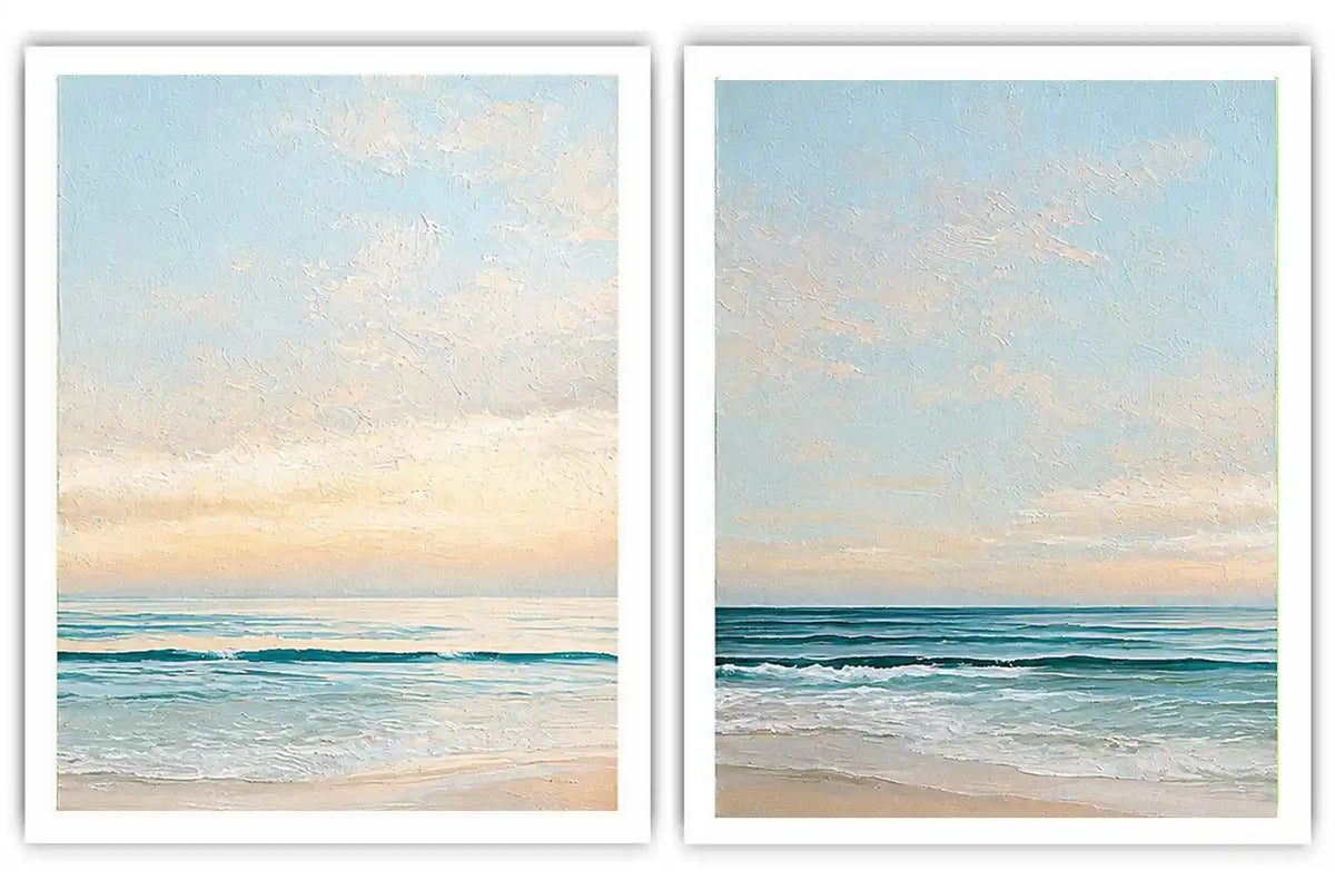 Coastal ocean diptych canvas art with soft waves for modern living room decor.