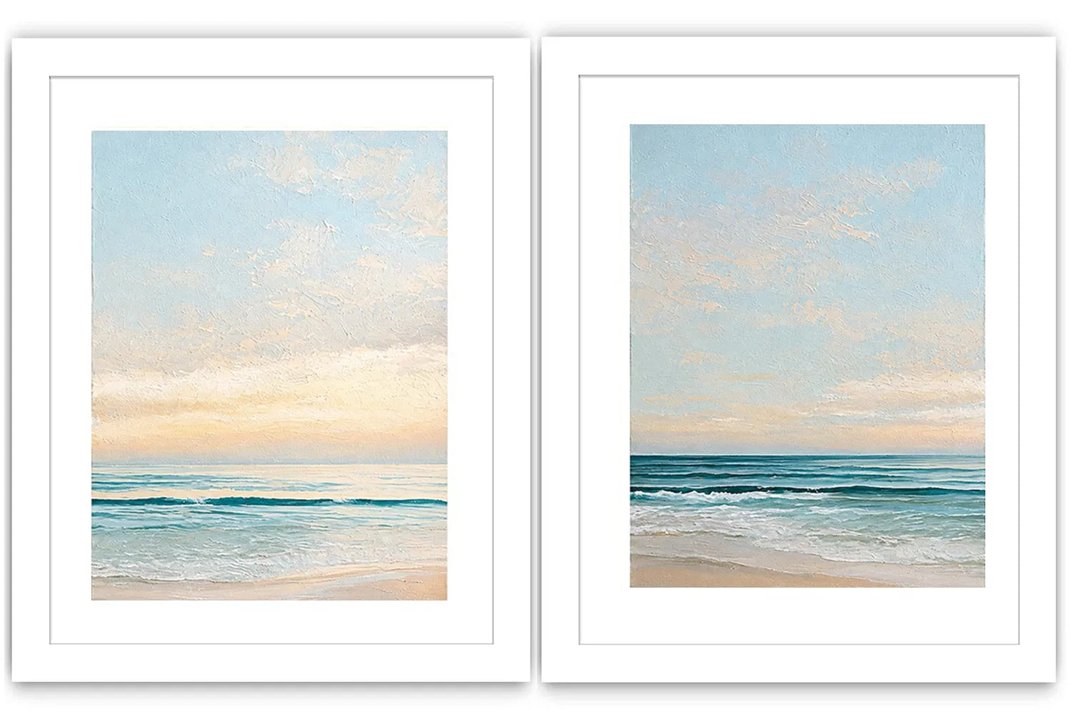 Coastal ocean diptych canvas art with soft waves for modern living room decor.