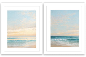 Coastal ocean diptych canvas art with soft waves for modern living room decor.