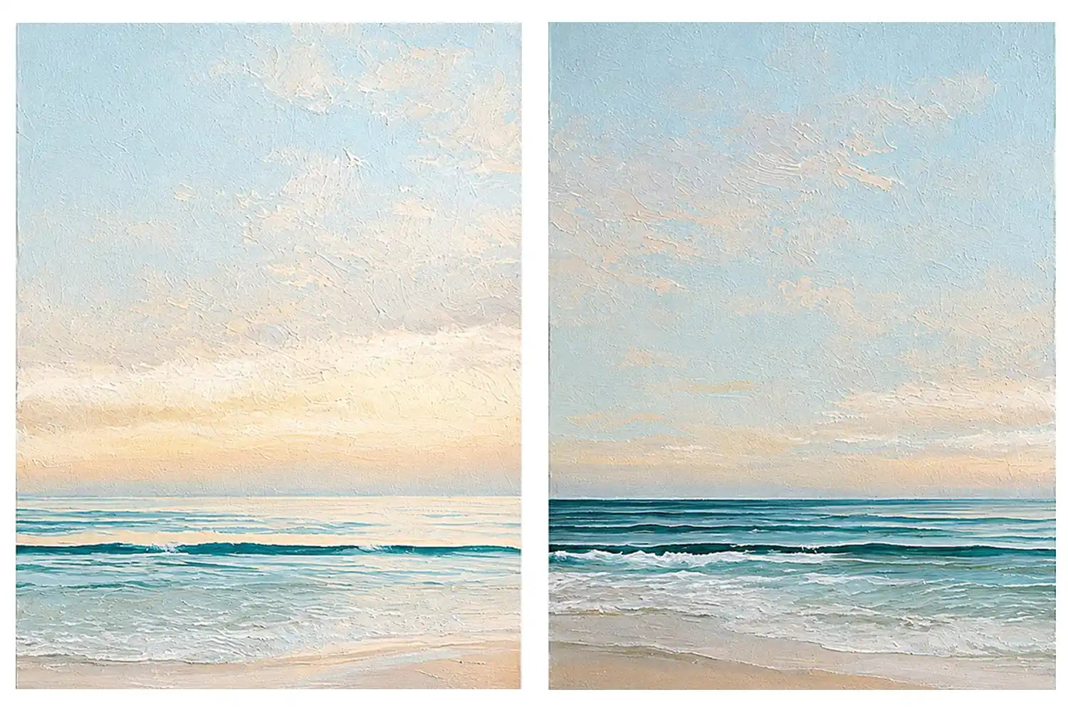 Coastal ocean diptych canvas art with soft waves for modern living room decor.