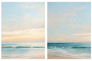 Coastal ocean diptych canvas art with soft waves for modern living room decor.