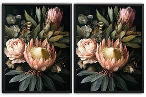 Dark floral protea diptych canvas art with roses for elegant living room decor.