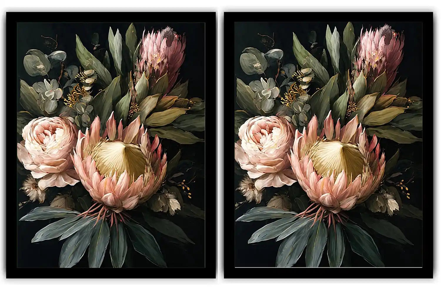 Dark floral protea diptych canvas art with roses for elegant living room decor.