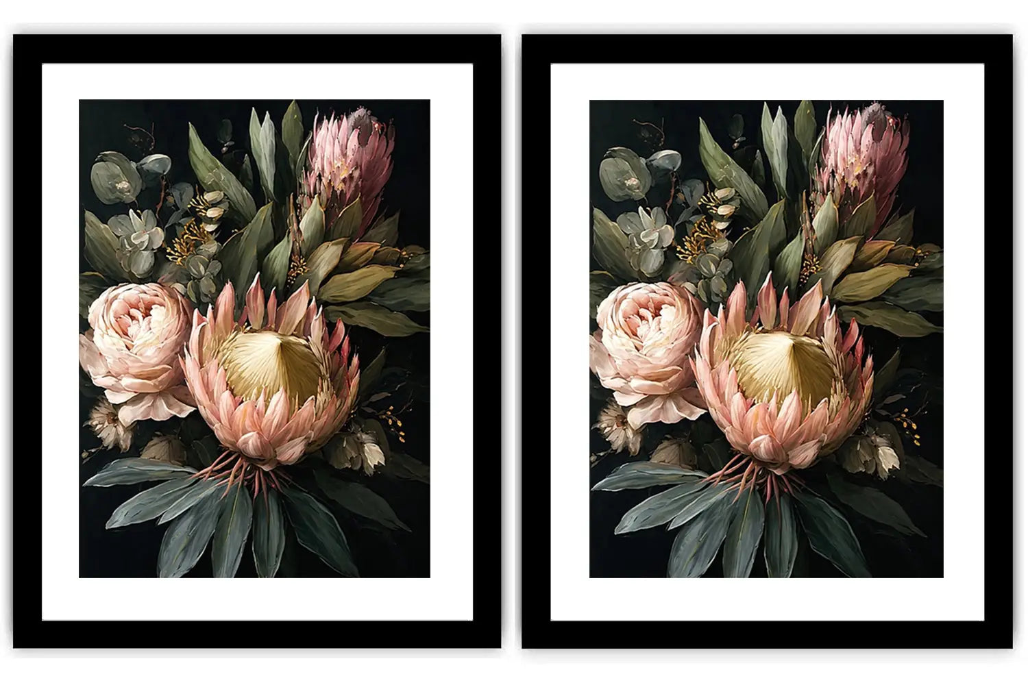 Dark floral protea diptych canvas art with roses for elegant living room decor.