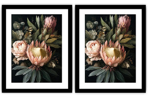 Dark floral protea diptych canvas art with roses for elegant living room decor.