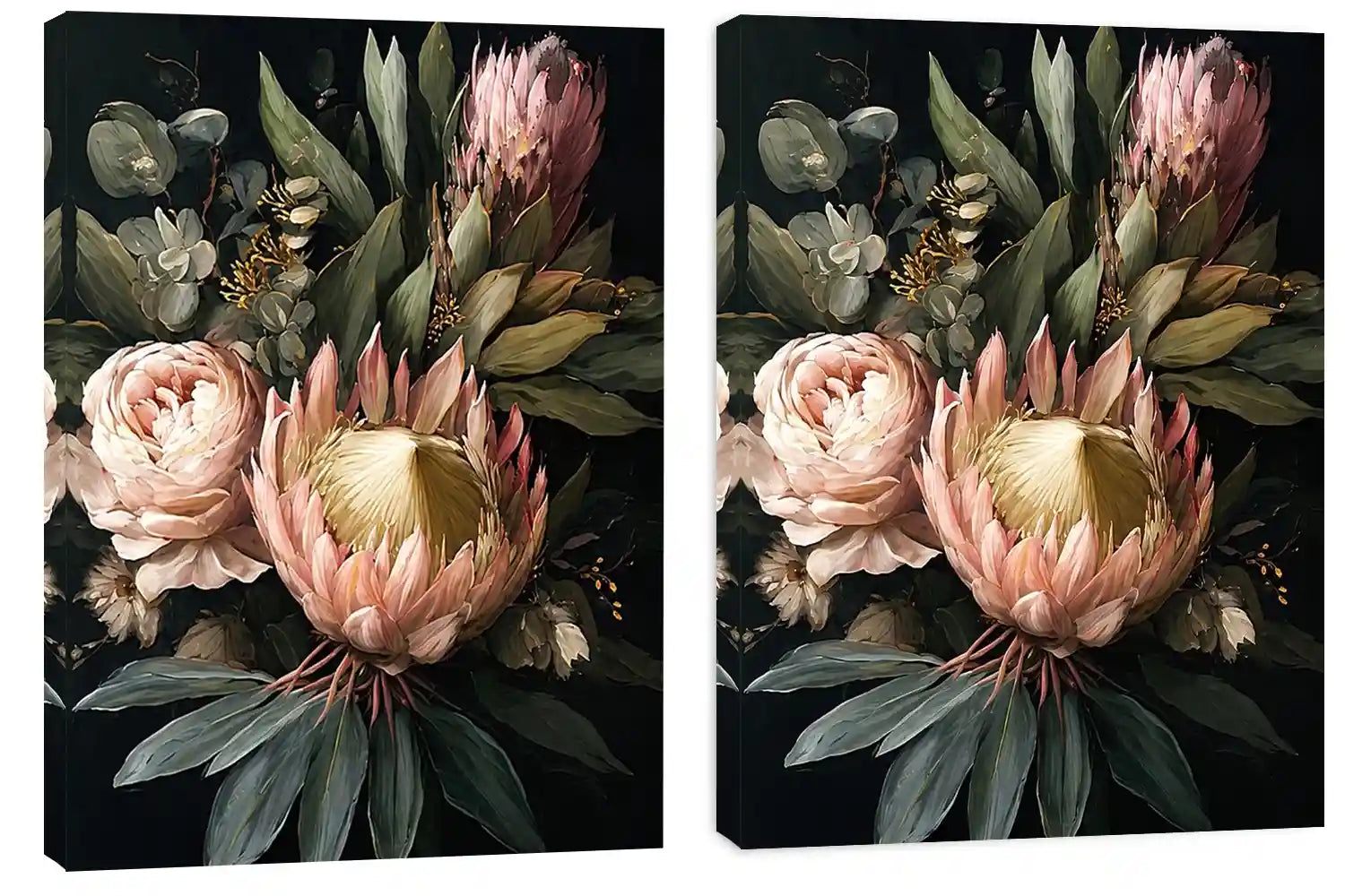 Dark floral protea diptych canvas art with roses for elegant living room decor.