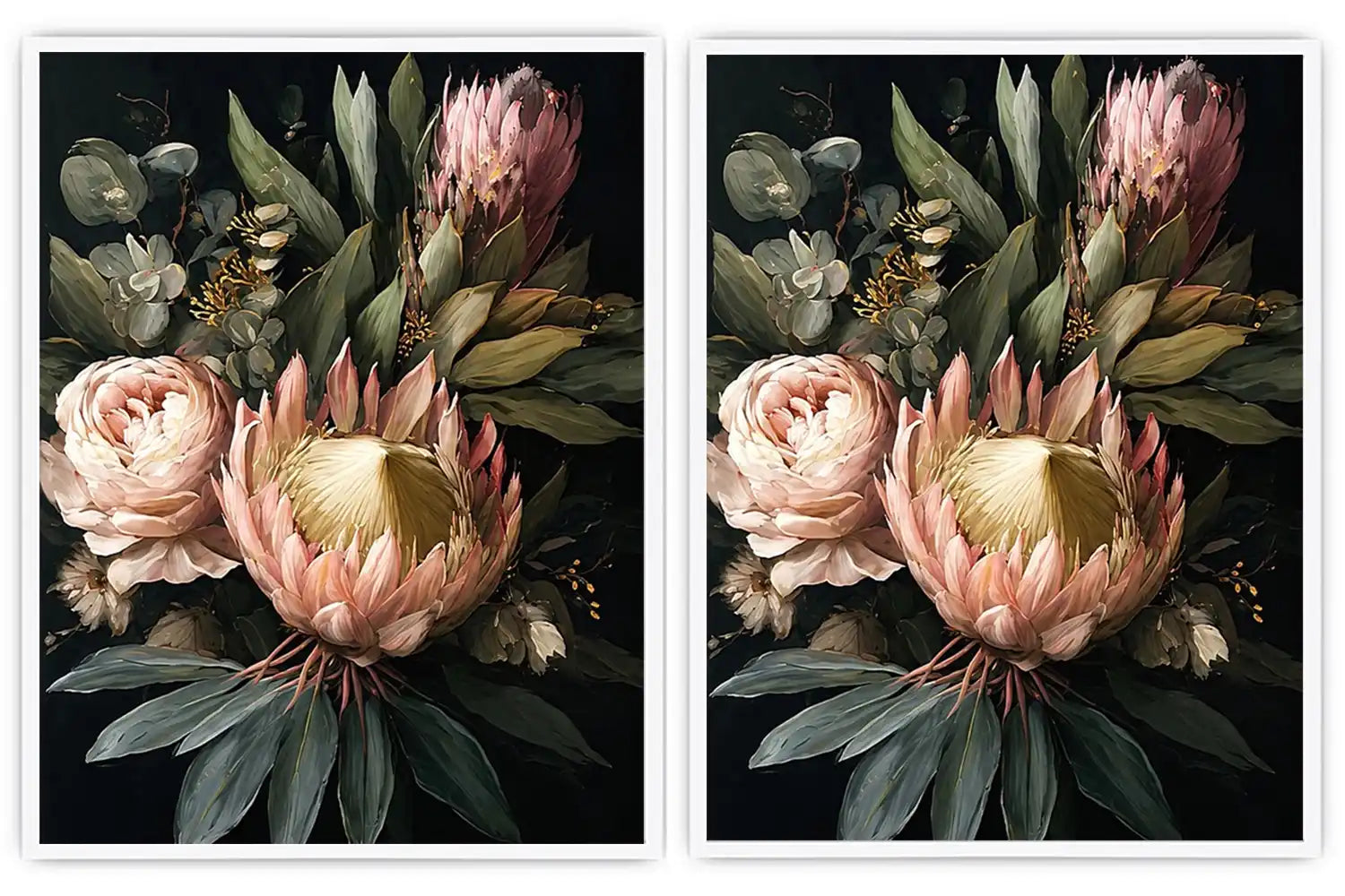 Dark floral protea diptych canvas art with roses for elegant living room decor.