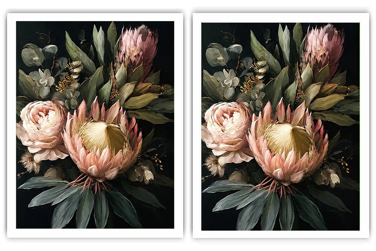 Dark floral protea diptych canvas art with roses for elegant living room decor.