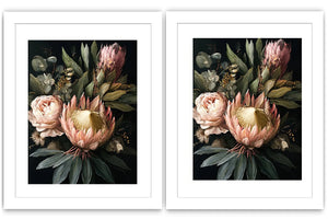 Dark floral protea diptych canvas art with roses for elegant living room decor.
