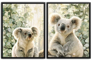 Soft koala diptych canvas art with eucalyptus leaves for nursery or living room decor.