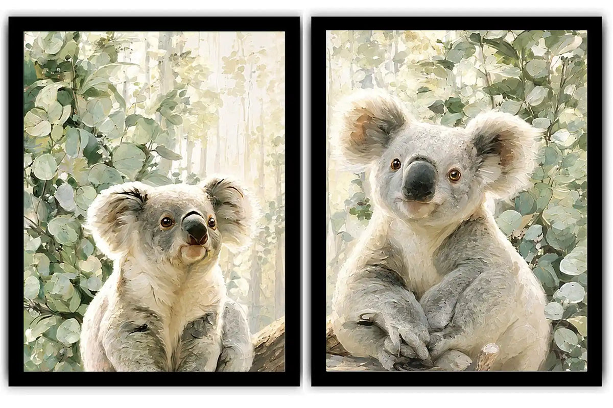 Soft koala diptych canvas art with eucalyptus leaves for nursery or living room decor.