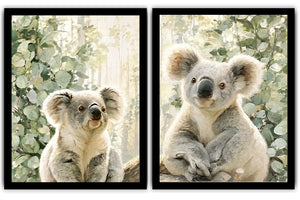 Soft koala diptych canvas art with eucalyptus leaves for nursery or living room decor.