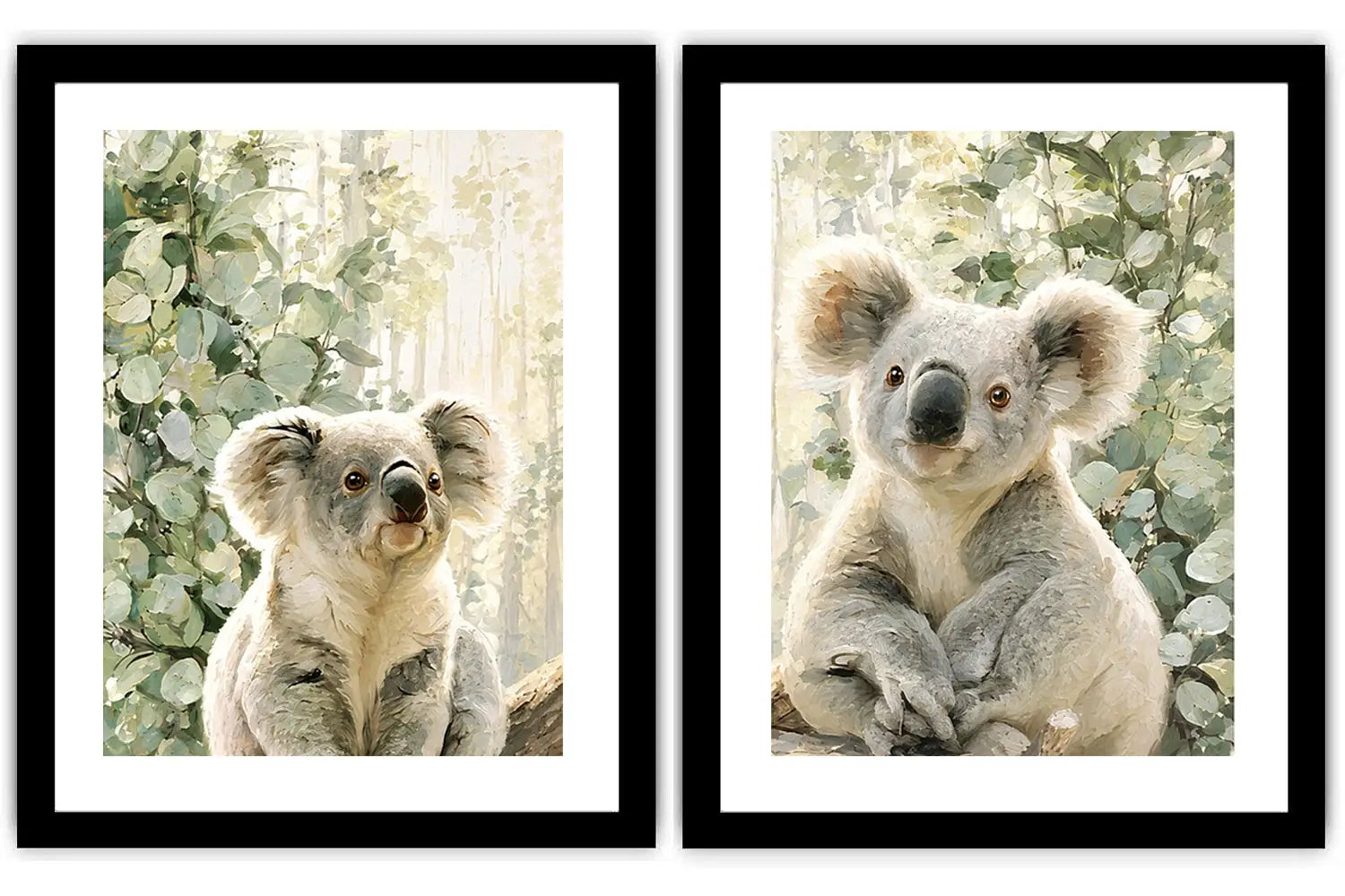 Soft koala diptych canvas art with eucalyptus leaves for nursery or living room decor.