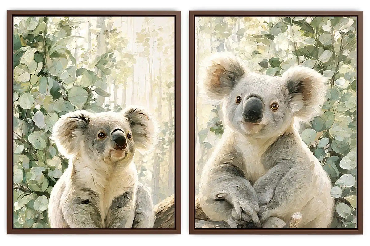 Soft koala diptych canvas art with eucalyptus leaves for nursery or living room decor.
