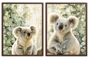 Soft koala diptych canvas art with eucalyptus leaves for nursery or living room decor.