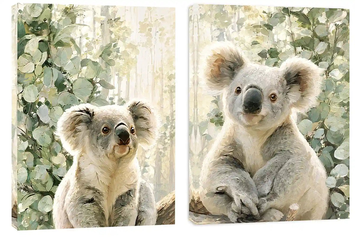Soft koala diptych canvas art with eucalyptus leaves for nursery or living room decor.