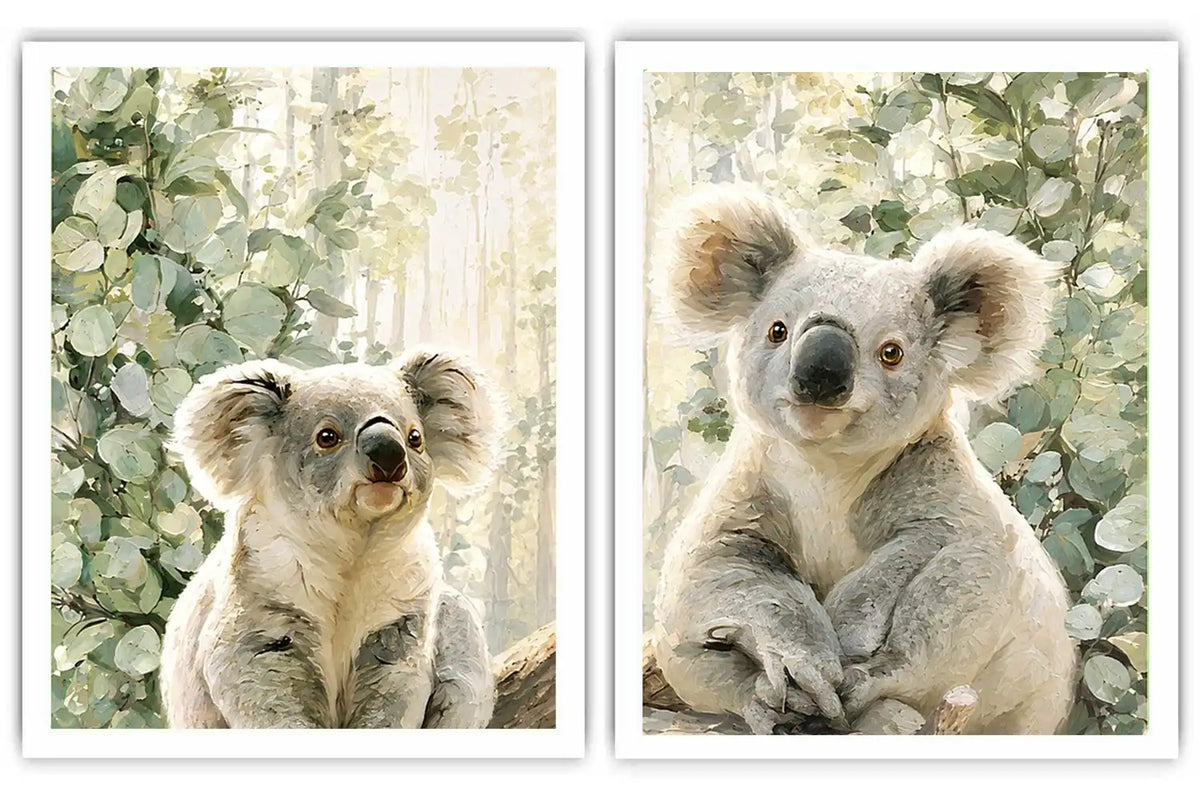 Soft koala diptych canvas art with eucalyptus leaves for nursery or living room decor.