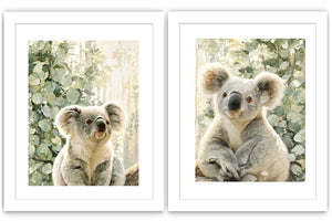 Soft koala diptych canvas art with eucalyptus leaves for nursery or living room decor.