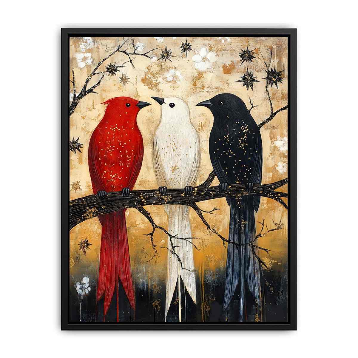 Rustic three birds canvas art with red black and white tones for hallway decor.