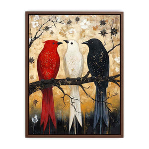 Rustic three birds canvas art with red black and white tones for hallway decor.