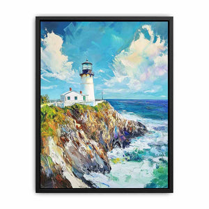 Bright coastal lighthouse canvas art for beach house or living room decor.