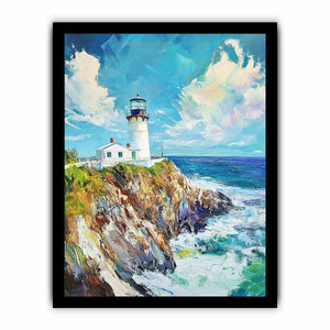 Bright coastal lighthouse canvas art for beach house or living room decor.
