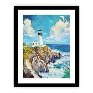 Bright coastal lighthouse canvas art for beach house or living room decor.