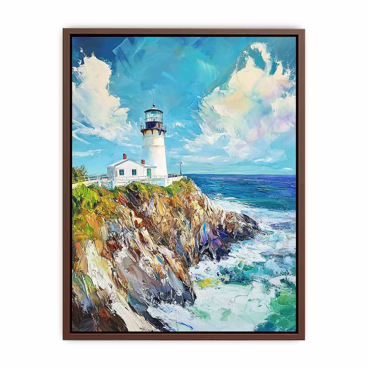 Bright coastal lighthouse canvas art for beach house or living room decor.