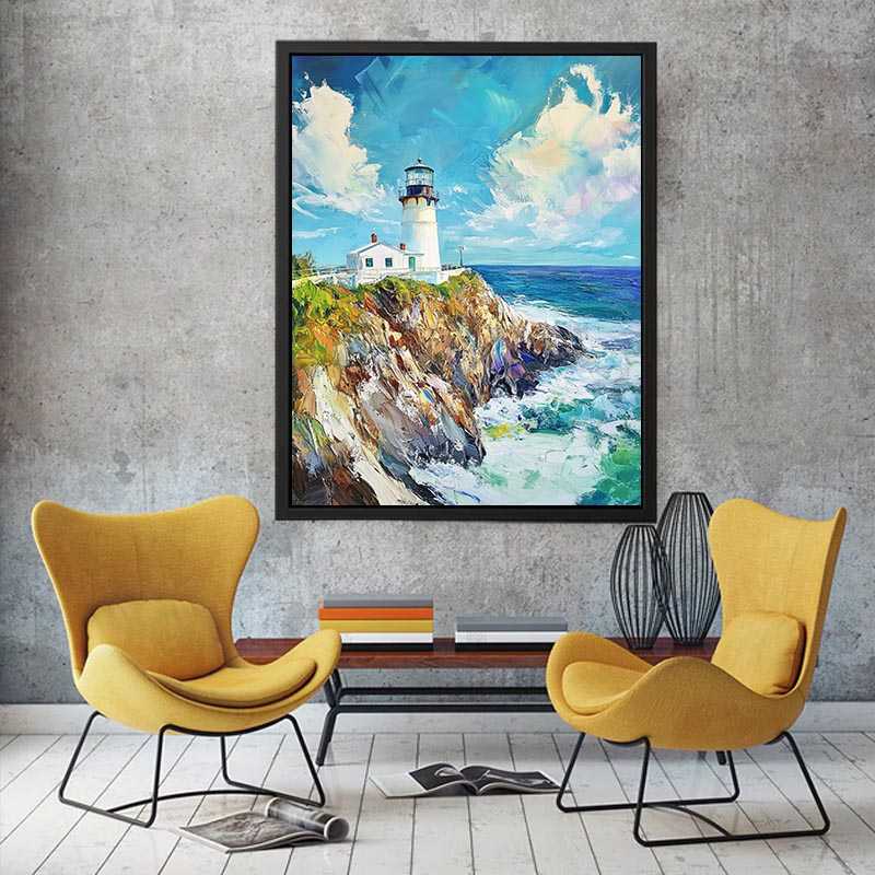 Bright coastal lighthouse canvas art for beach house or living room decor.