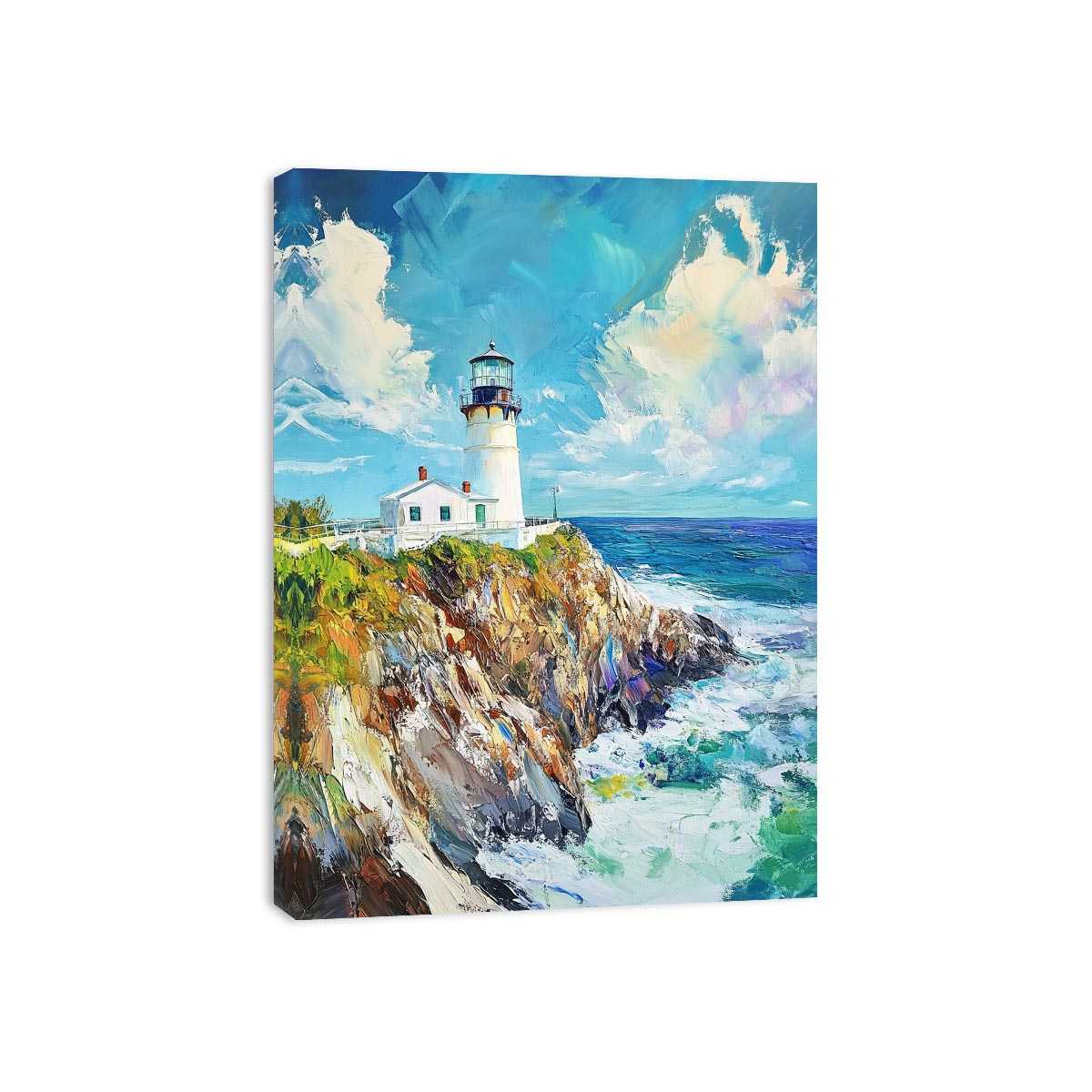 Bright coastal lighthouse canvas art for beach house or living room decor.