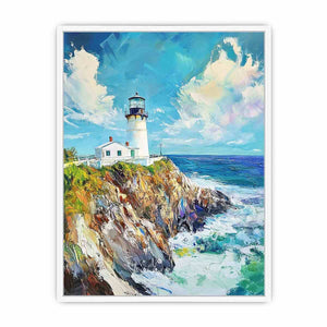 Bright coastal lighthouse canvas art for beach house or living room decor.
