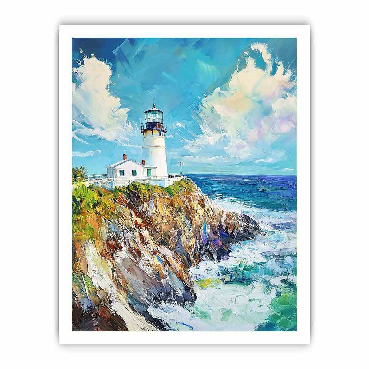 Bright coastal lighthouse canvas art for beach house or living room decor.
