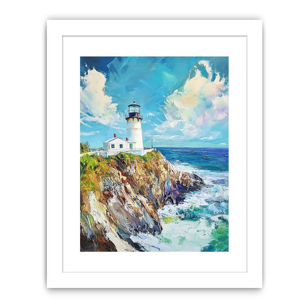 Bright coastal lighthouse canvas art for beach house or living room decor.