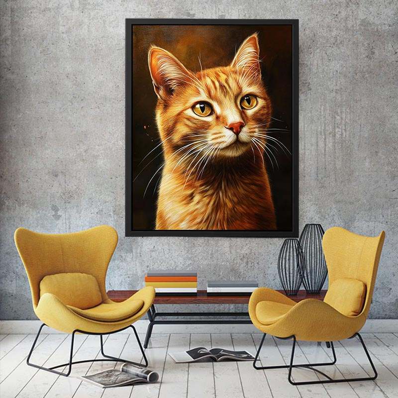 Warm orange cat portrait canvas art for cozy bedroom or living room decor.