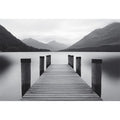 Black and white lake pier canvas art for calm minimalist bedroom decor.