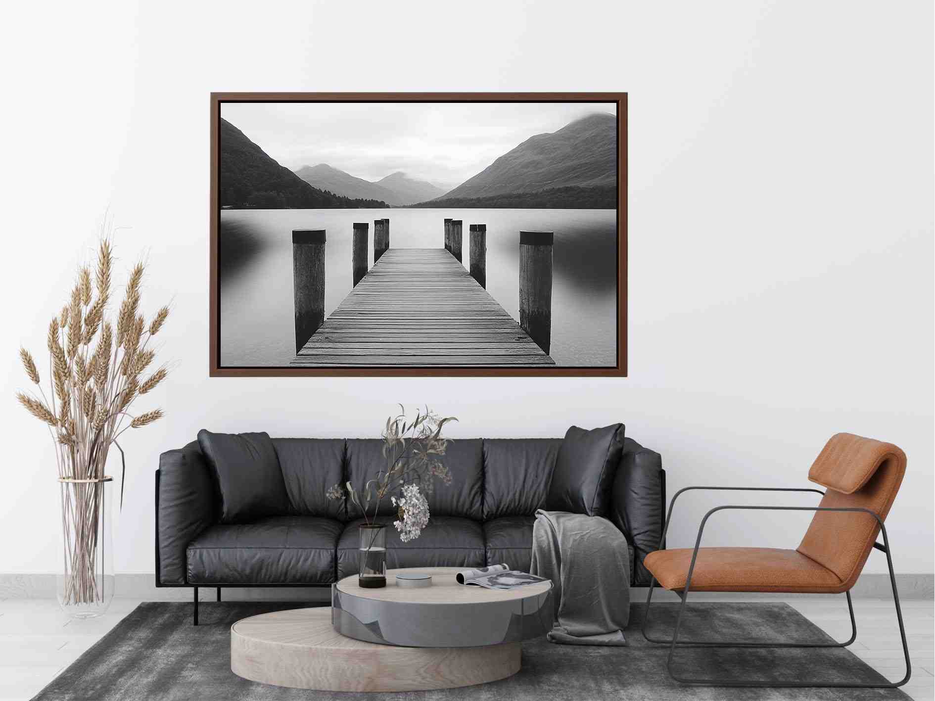 Black and white lake pier canvas art for calm minimalist bedroom decor.