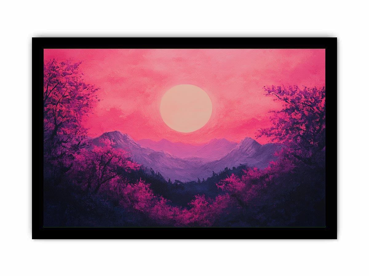 Bold magenta mountain sunset canvas art for modern living room decor.