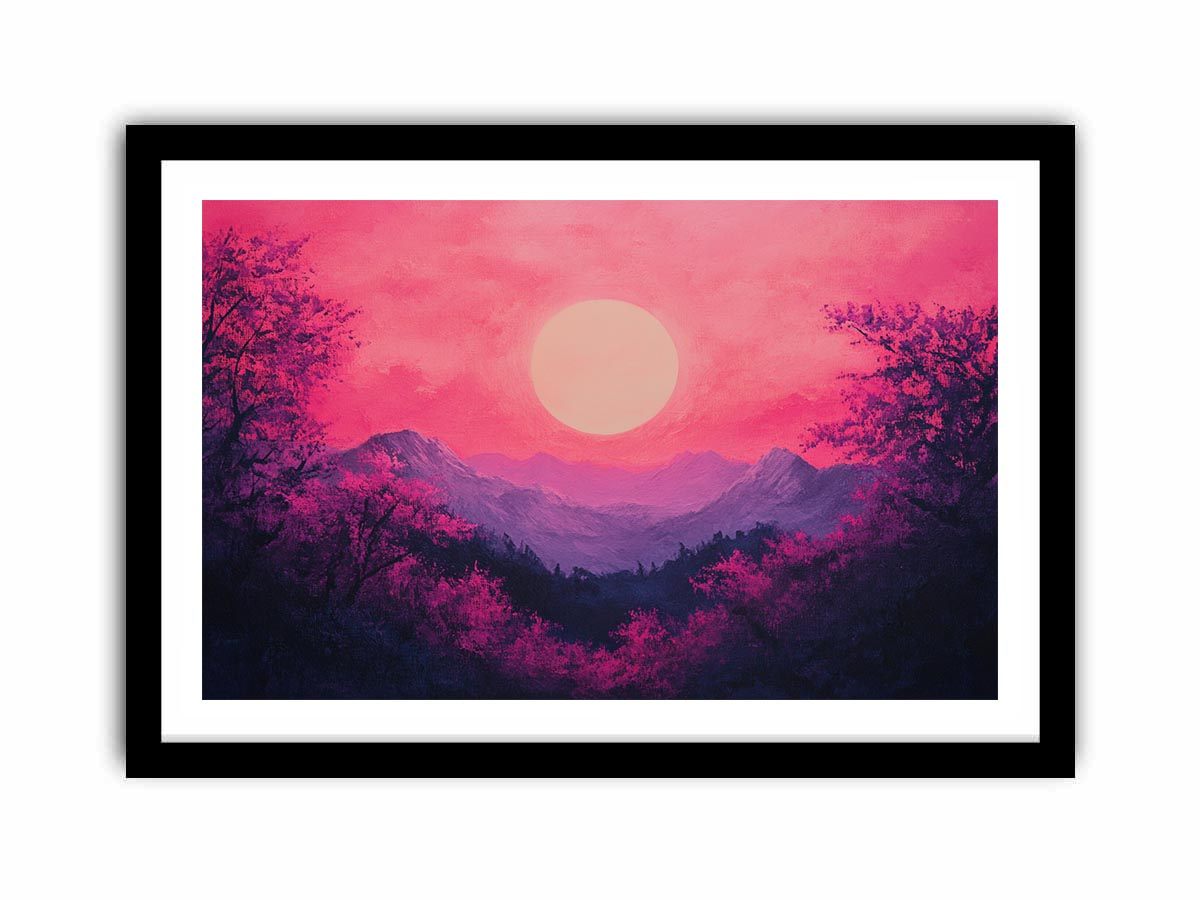 Bold magenta mountain sunset canvas art for modern living room decor.