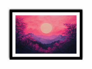 Bold magenta mountain sunset canvas art for modern living room decor.