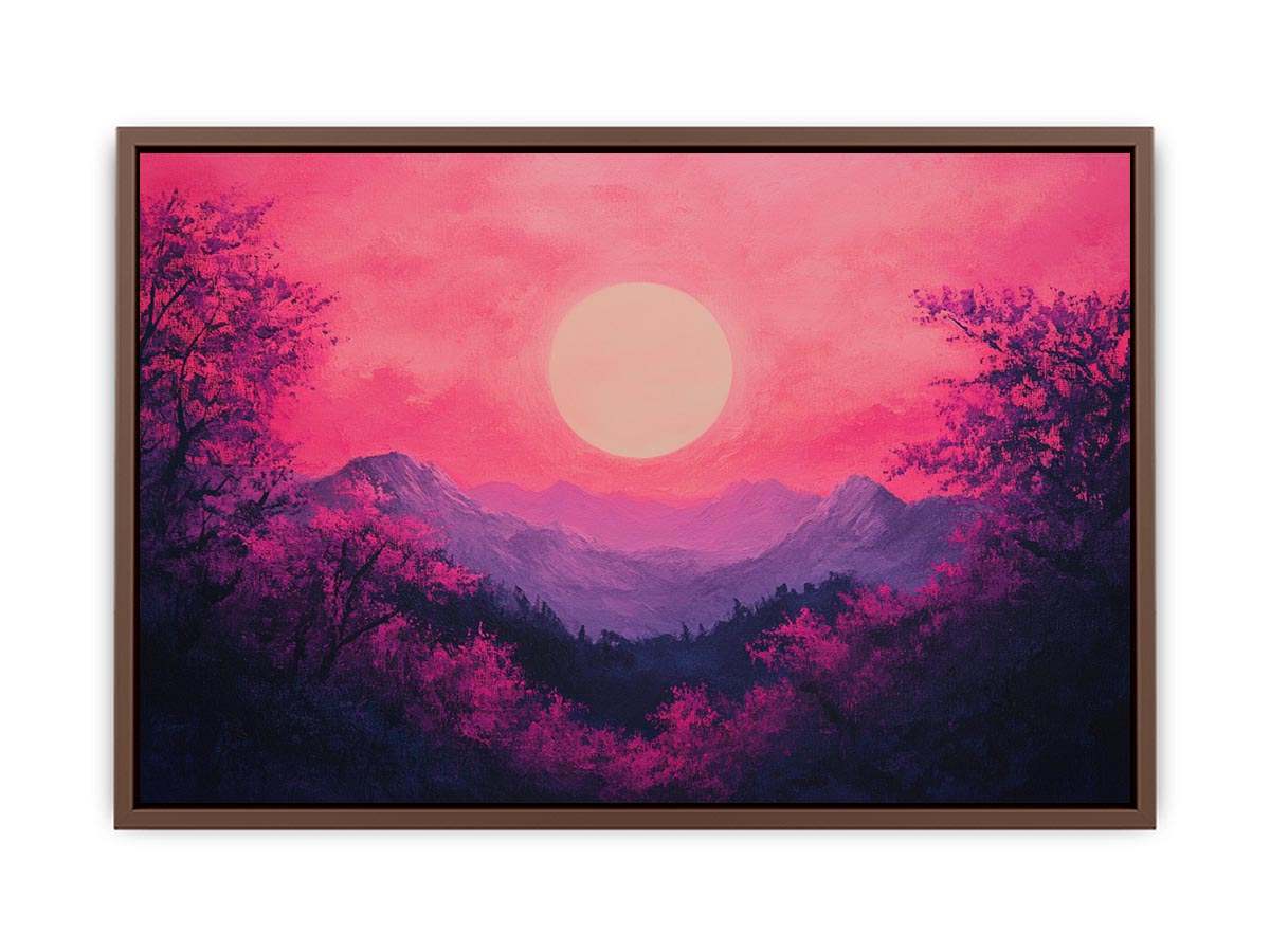 Bold magenta mountain sunset canvas art for modern living room decor.