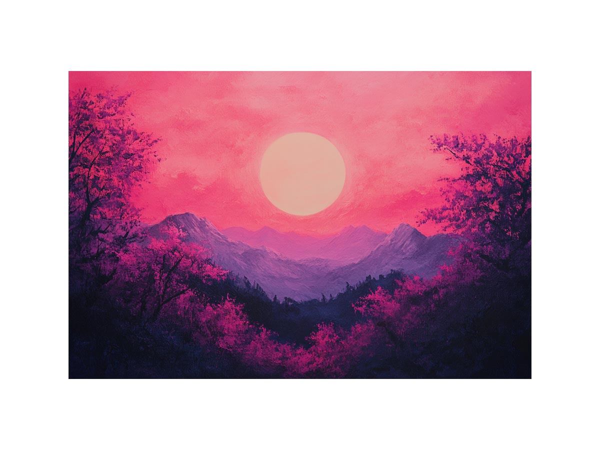 Bold magenta mountain sunset canvas art for modern living room decor.