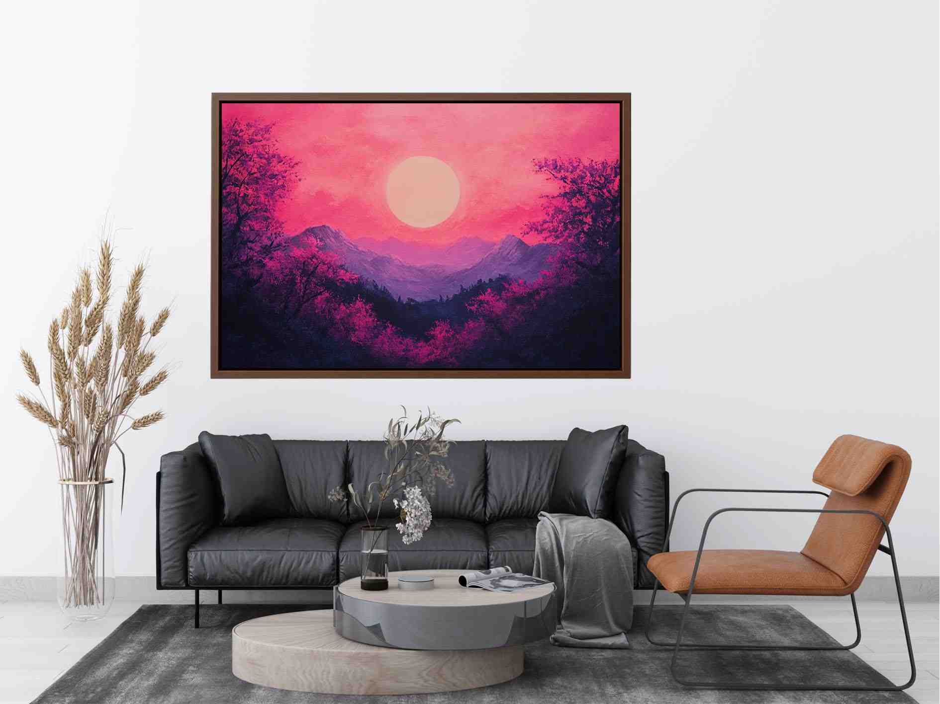 Bold magenta mountain sunset canvas art for modern living room decor.