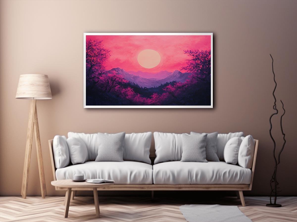 Bold magenta mountain sunset canvas art for modern living room decor.