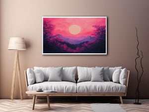 Bold magenta mountain sunset canvas art for modern living room decor.