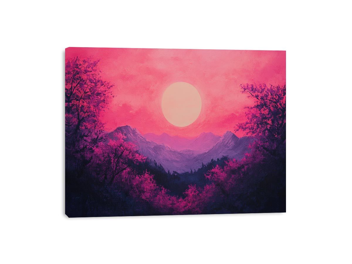 Bold magenta mountain sunset canvas art for modern living room decor.