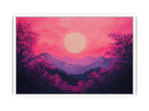 Bold magenta mountain sunset canvas art for modern living room decor.